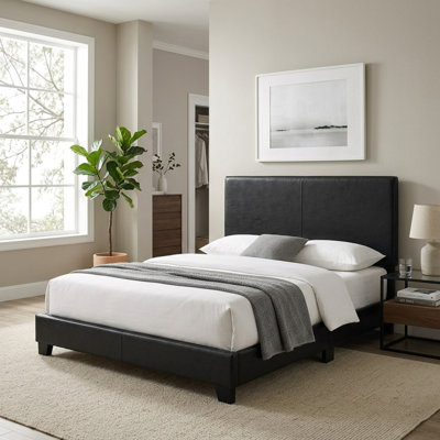 27 in H Black Wood Frame Full Panel Bed with Soft Upholstered Headboard Decorative Nailhead Trim Accent