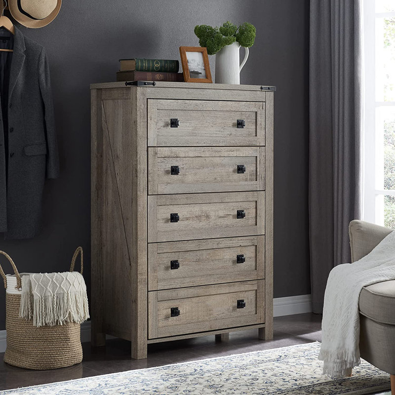 Grantville Farmhouse 5 - Drawers Dresser Organizer, Rustic Tall Chest of Drawers for Bedroom, Light Rustic Oak