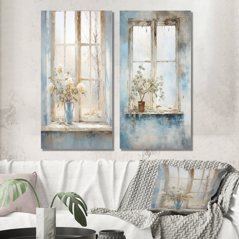 Ensemble de 2 fenêtres murales blanches et bleues Minimalisme, H 40 po x l 41 po, Toile tendue