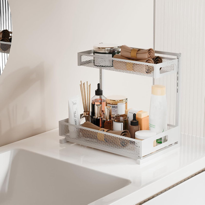 Organisateur à 2 niveaux sous l'évier, support de rangement coulissant en métal robuste avec réglage de la hauteur sans outil, revêtement antirouille, pour la cuisine, la salle de bain, le garde-manger, l'armoire, le placard