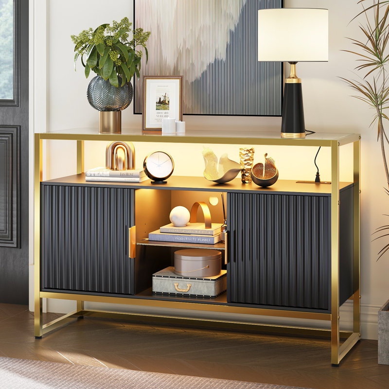 Martee 45.67''W LED Console Table with Storage, Modern Fluted Glossy Cabinet Credenza, Adjustable Shelves, Entryway Table for Living Room