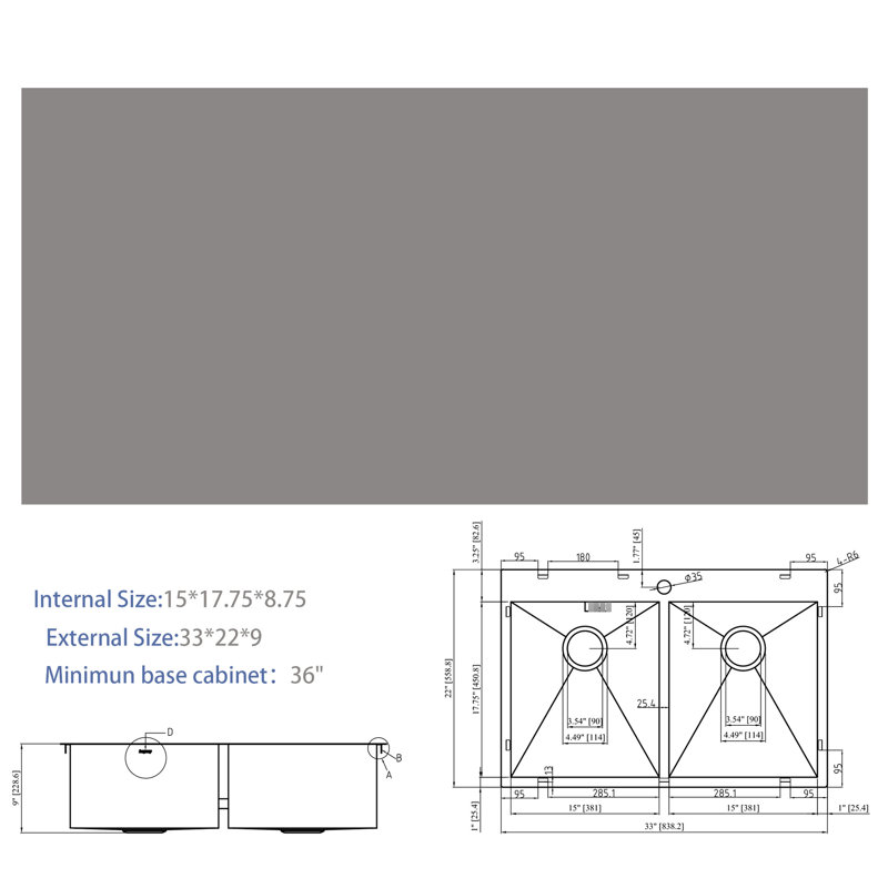 Évier double 33 x 22 po - Noir acier inoxydable, acier inoxydable de calibre 18, lavabo de qualité pour cuisine hygiénique
