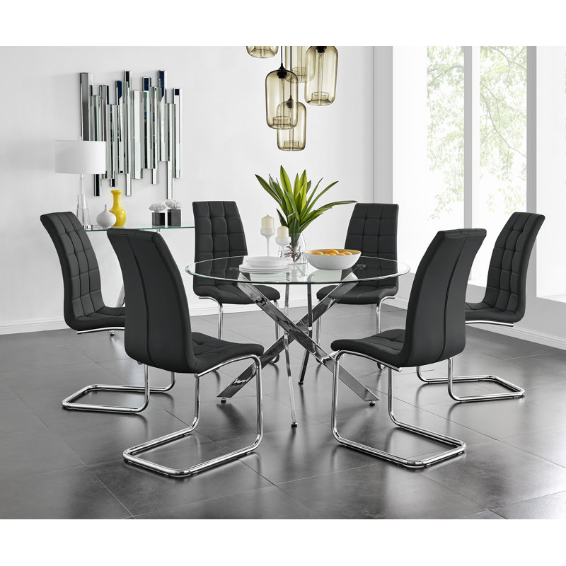 Tierra Sleek Metal and Glass Round Dining Table Set with 6 Faux Leather Upholstered Dining Chairs, Black
