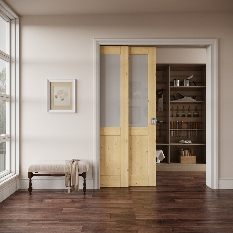 Intérieur en bois de pin semi-lite et porte en verre givré, portes de contournement unies de style colonial, avec cadre solide renforcé et serrure de poche argentée et quincaillerie d'intimité, non fini et à peindre, pour garde-manger, chambre à coucher et garde-robe, facile à nettoyer, 48 po x 80 po "