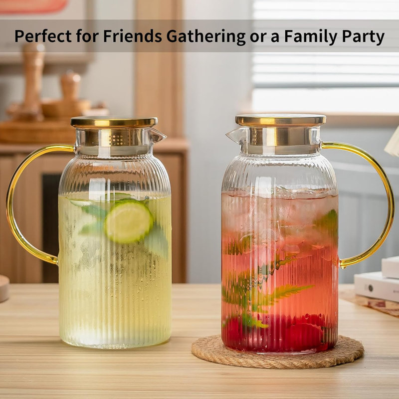 Pichet en verre borosilicaté résistant à la chaleur 68 oz - Cruche en verre rayé à double ouverture en acier inoxydable pour boissons chaudes et froides