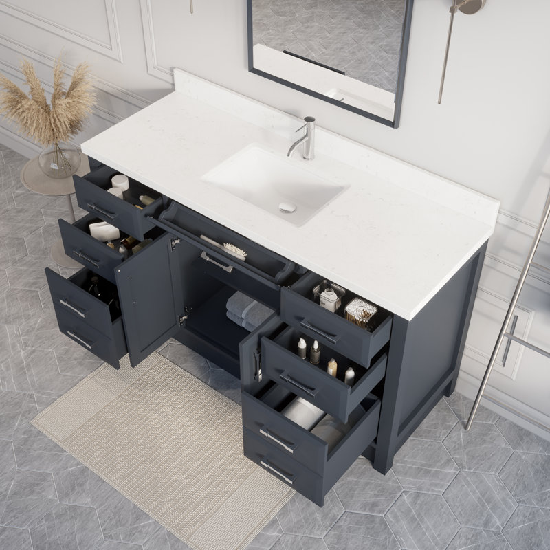 Capri Solid Wood 60" W x 22" D Single Sink Bathroom Vanity with Engineered Stone Top, Drawer Organizer, Undermount Ceramic Sink, Pre-Assembled (Pepper Gray) 