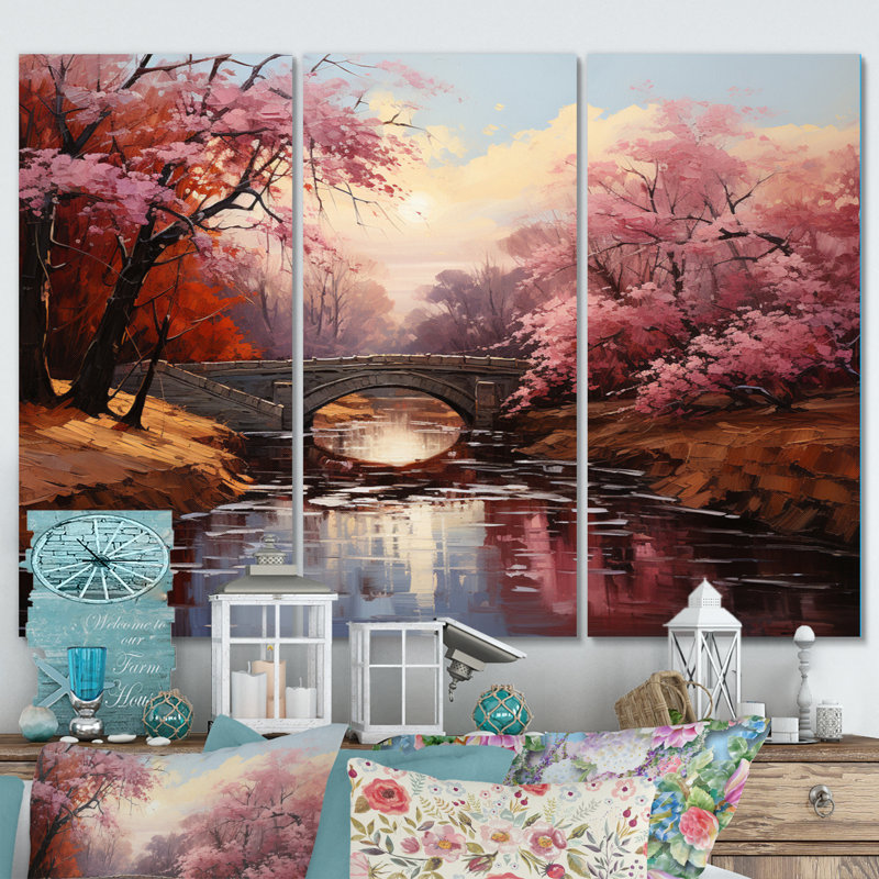 Asian Art Cherry Blossom Bidge on Canvas, reproduction de 3 pièces, H 32 po x l 48 po x P 1 po