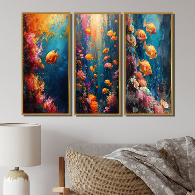 Bleu, orange, corail, poisson marin, vie I - Collection d'art mural corail