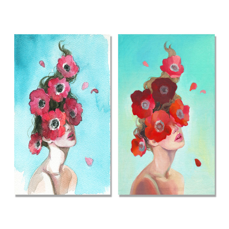«Glamourous Floral Woman Portrait», ensemble de 2 peintures sur toiles, H 40 po x l 40 po x P 1 po, Toile tendue