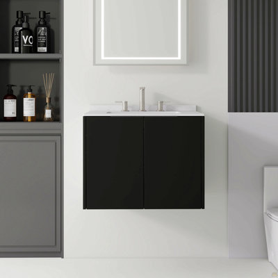 Meuble-lavabo flottant 24 po avec lavabo, porte à fermeture douce, comptoir et dosseret en marbre de culture blanc de 0,6 po Carrara, contreplaqué, noir