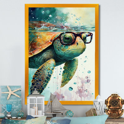 Turtle With Glasses In The Ocean II - Turtle Wall Art
