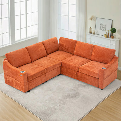 Canapé-lit modulaire moderne de 84 po à 5 sièges avec dossier réglable, canapé modulaire en L en chenille avec chargement USB et lit escamotable, canapé d'angle convertible avec porte-gobelets et repose-pieds pour le salon, le bureau