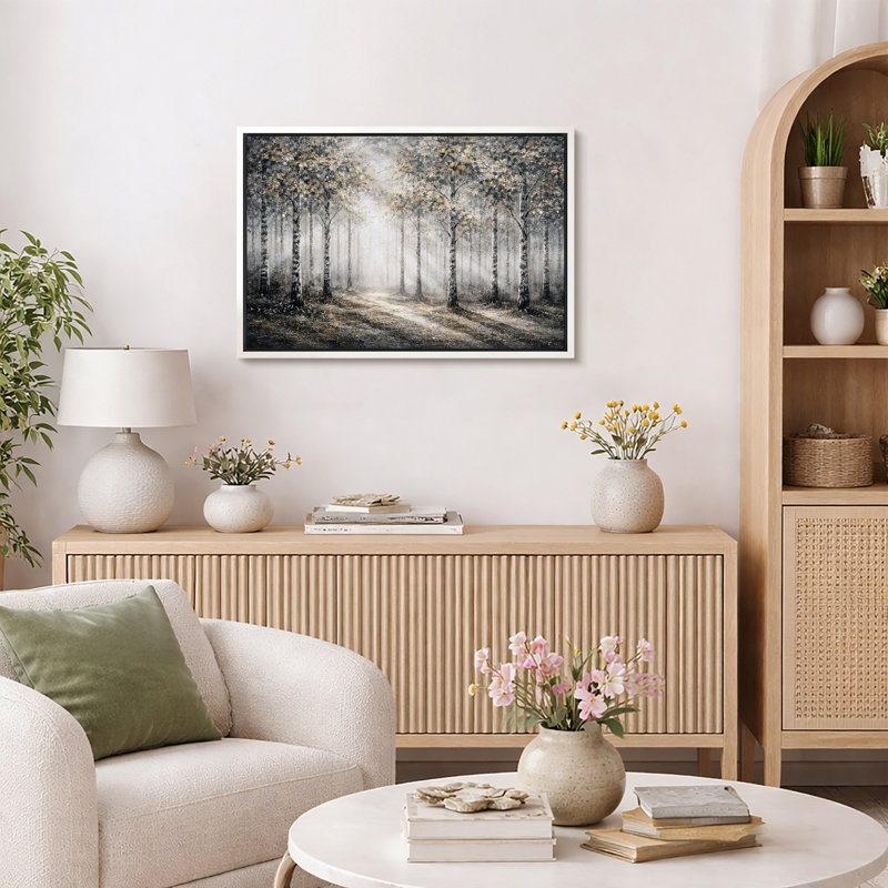 Œuvre de chemin de forêt brumeux brumeux, photos de salon de forêt neutre, impression sur toile encadrée, Cadre blanc