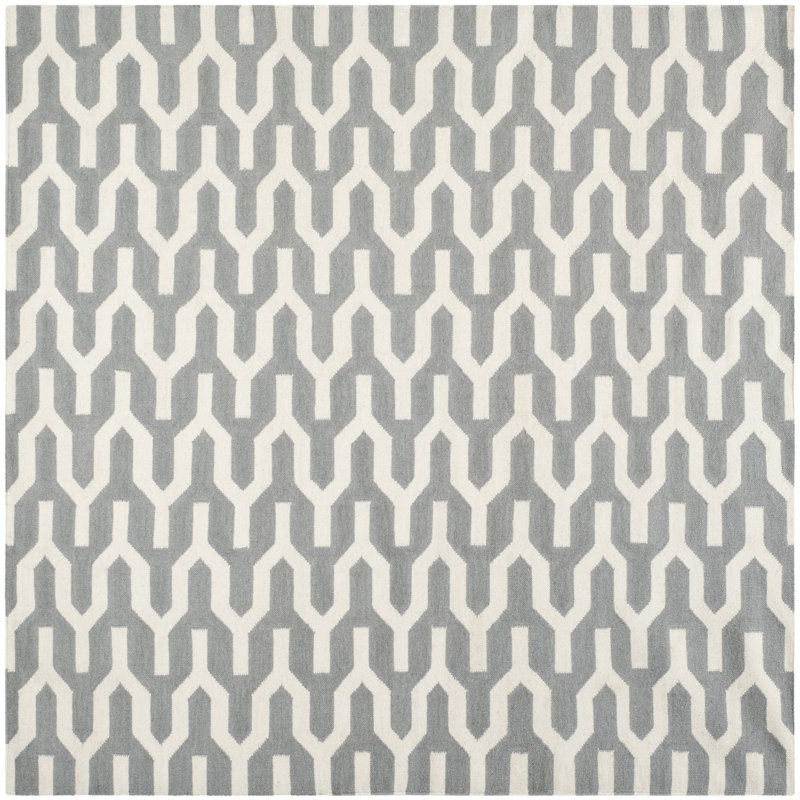 Rodgers Hand Woven Flat Weave Wool/Cotton Geometric Rug in Ivory/Gray