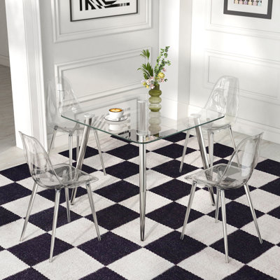 36in Glass Dining Table Set with 2/4 Transparent Chairs, Silver Metal Legs for Modern Dining/Kitchen Room