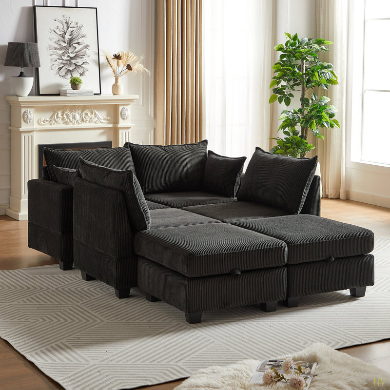 Canapé modulaire en velours côtelé de 113,5 po, canapé modulaire en U avec repose-pieds avec rangement, canapé modulaire de 6 places avec méridienne