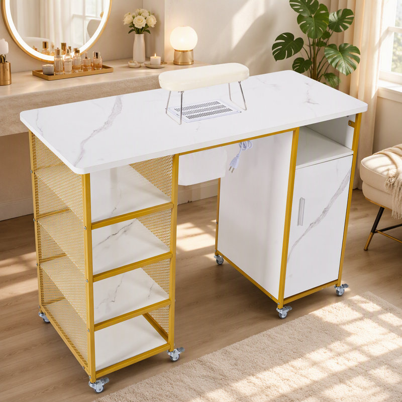 Table de manucure, table à clous à texture marbrée avec évent électrique à courant descendant, coussin de poignet, roues verrouillables, couches de rangement et armoire, blanc