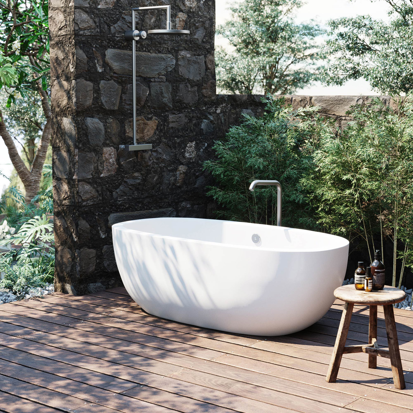 Avalon NativeStone Concrete Freestanding Oval Soaking Bathtub, Pearl, 21" H x 36" W x 62" L
