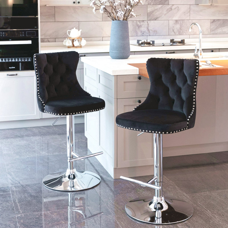 Tabourets pivotants en velours à hauteur de siège réglable de 25 à 33 pouces, tabourets de bar à base chromée avec dossier capitonné confortable