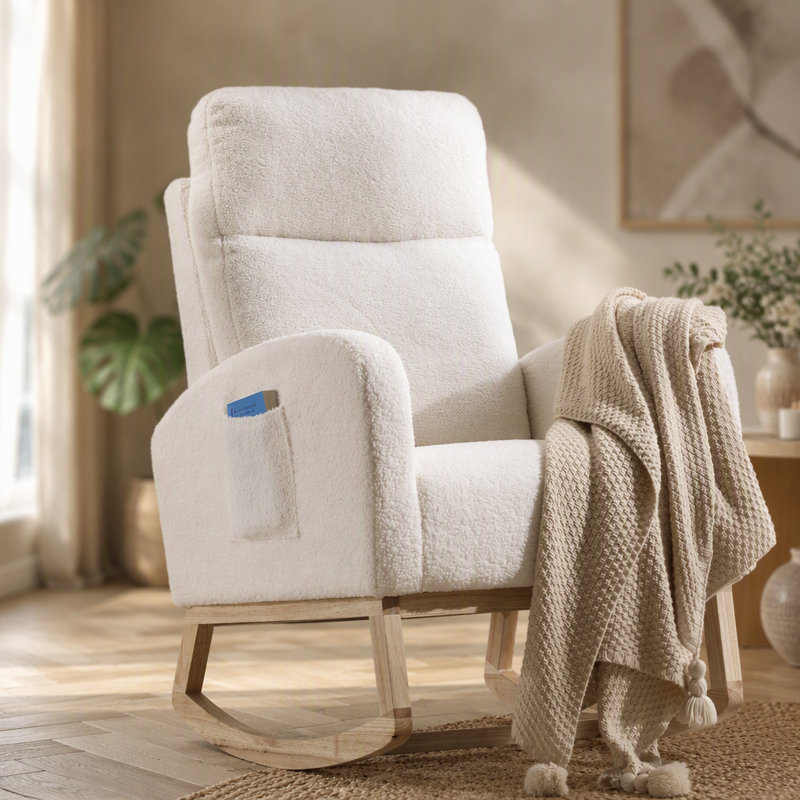 Chaise berçante avec pieds en bois massif, chaise berçante Modern, Ourson blanc