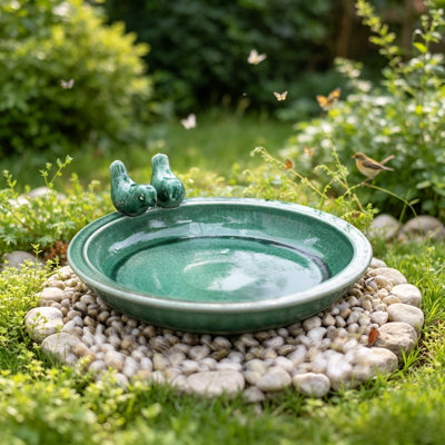 Bol pour bain d'oiseaux en céramique fait à la main avec décorations d'oiseaux rétro