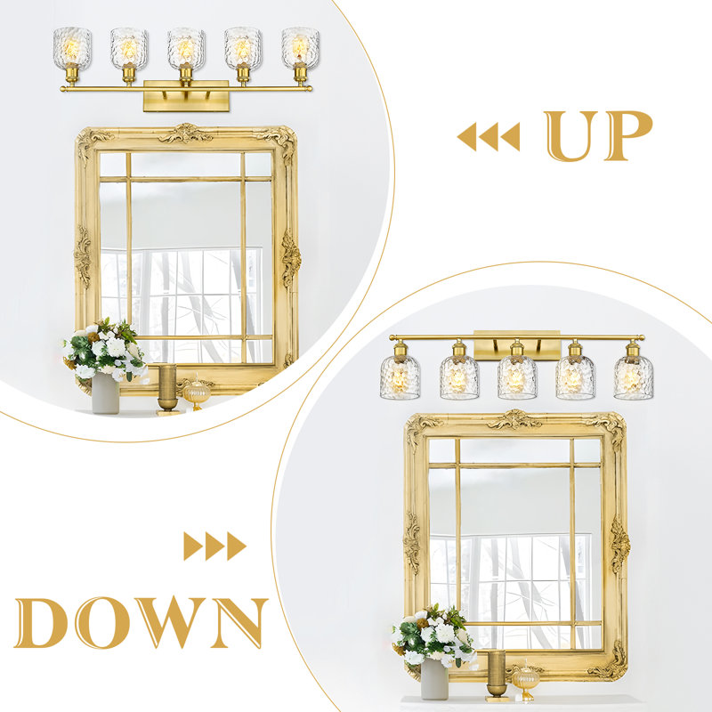 5-Light Bathroom Vanity Light With Clear Hammered Glass, Gold
