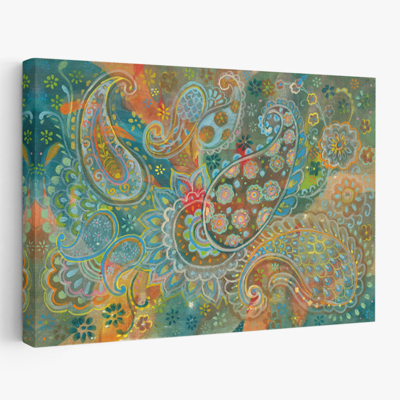 Art floral cachemire bleu et bohémien, H 16 po x l 24 po