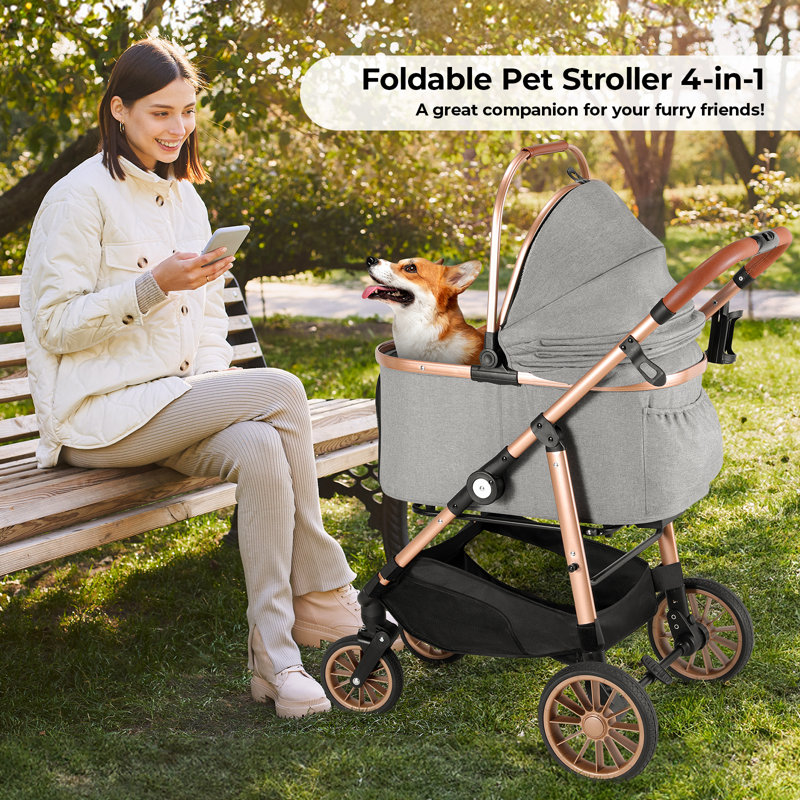 Poussette stable à 4 roues pour animaux de compagnie Pirecart pour chiens / chats de taille moyenne (55 lb maximum) - Conception convertible 3 en 1 avec support amovible et mécanisme de pliage en un clic