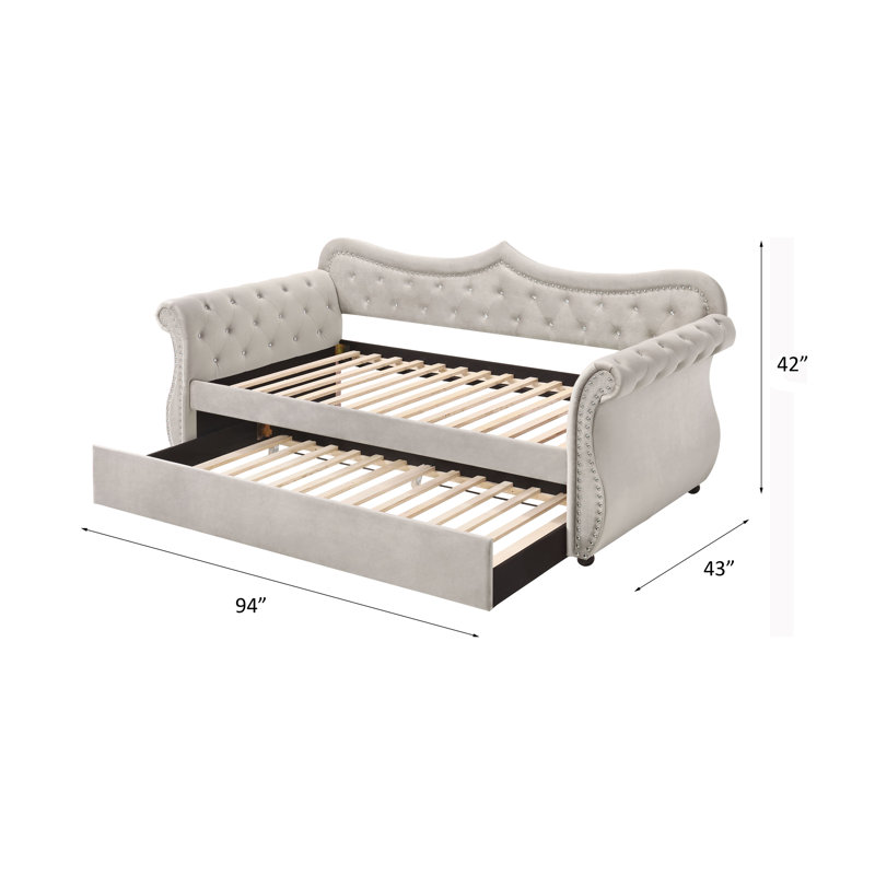 Beige Twin Upholstered Sleigh Daybed with Trundle and Nailhead Trim