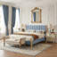 Lit tapissier scandinave avec cadre en bois massif, très grand lit, lin bleu-675234332-675234330