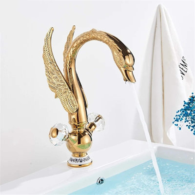 Polished Gold Swan Bathroom Sink Faucet with Crystal Handles Rotatable Spout Blue and White Porcelain Base Single Hole Vanity Faucet with Supply Lines
