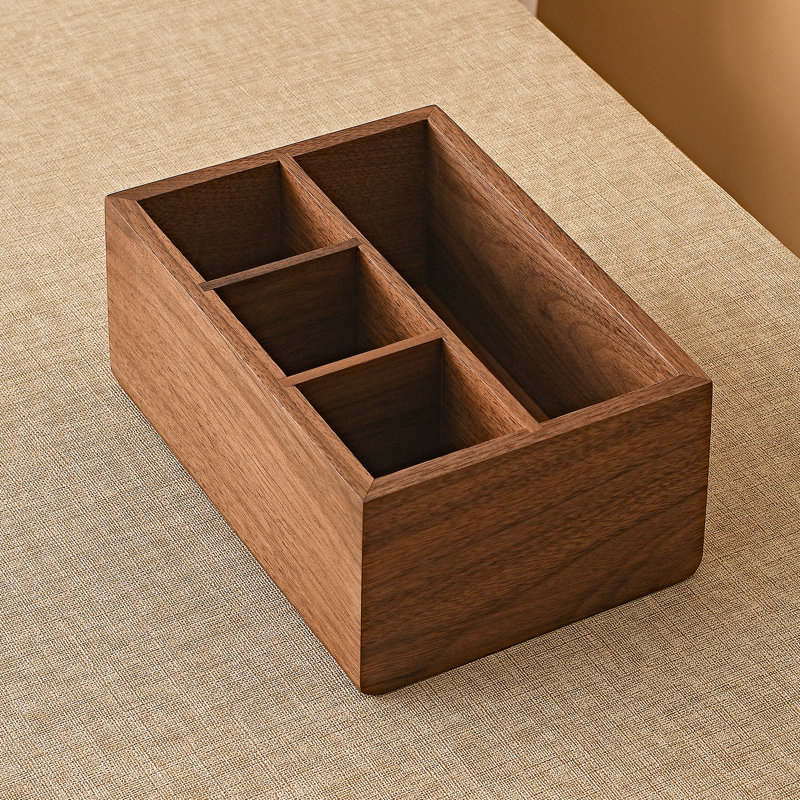 Organisateur de bureau en bois de noyer noir, 4 compartiments de rangement de bureau pour porte-crayons pour télécommande.