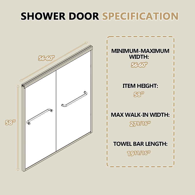 60" W X 58" H Semi-Frameless Double Sliding Bath Tub Shower Door With Clear Tempered Glass, Brushed Nickel