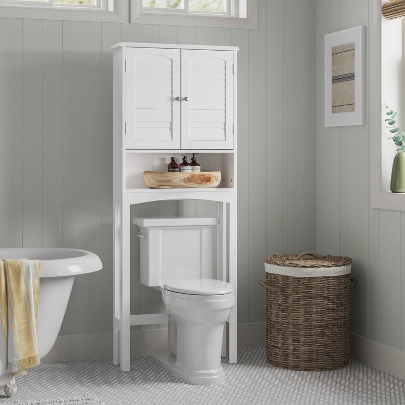 Armoire autoportante au-dessus de la toilette avec fausses portes persiennes, tablette réglable et rangement ouvert