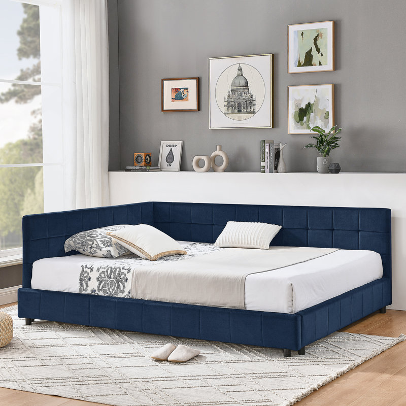 Structure de lit double capitonnée capitonnée, structure de canapé-lit avec dossier et accoudoirs confortables, lit double pour chambre à coucher, salon, velours, bleu foncé (80,5 po x 59 po x 30,5 po)
