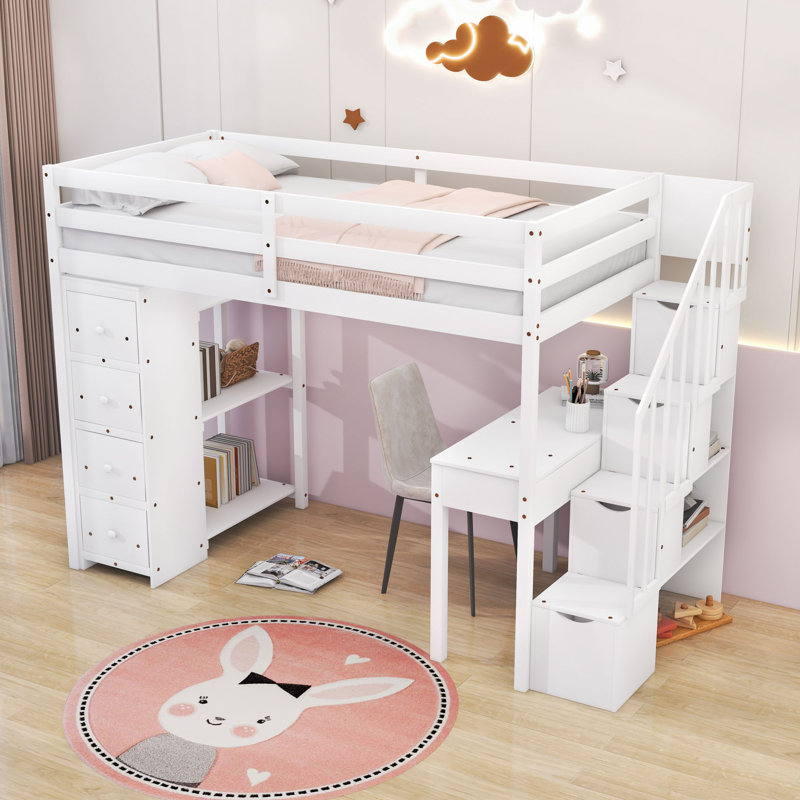 Graesen Kids Twin Loft Bed with Drawers, White
