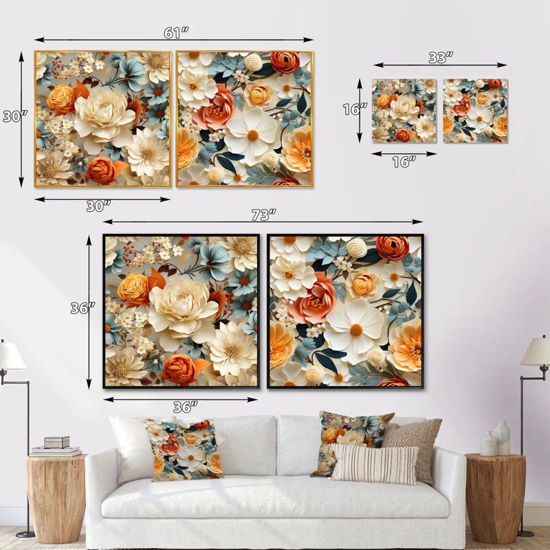Padula - Ensemble de 2 collages carrés floraux, Toile tendue, H 30 po x l 61 po
