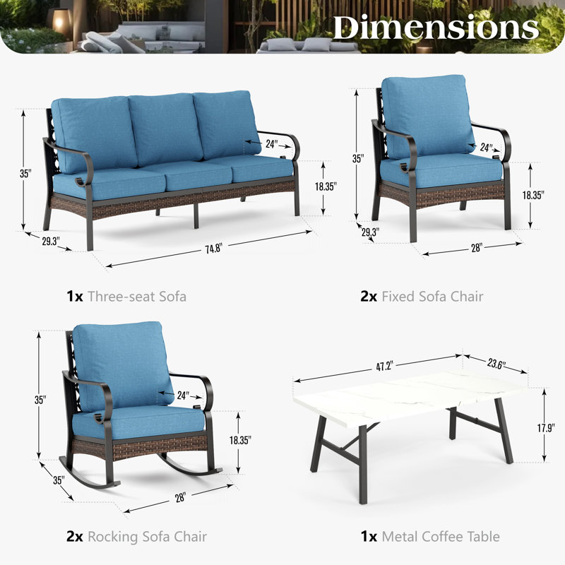 7 - Person Outdoor Patio Conversation Set With Rocking Lounge Chairs, Denim Blue