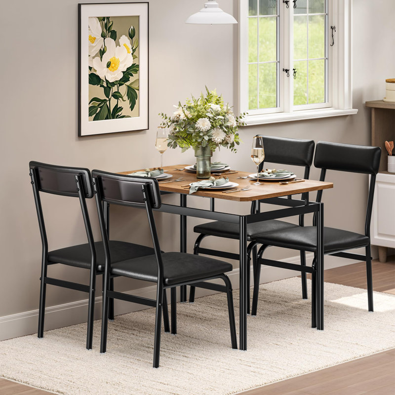 Ensemble de table de salle à manger 5 pièces pour 4 personnes avec chaises rembourrées en polyuréthane, Noir