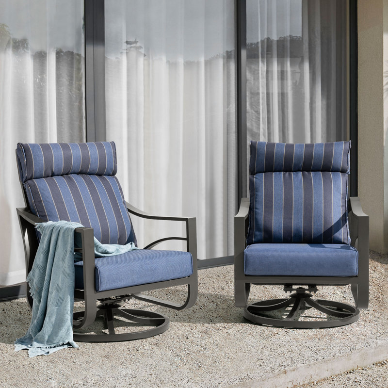  Natrice Outdoor 2-Piece Swivel Rocking Sofa Dining Armchairs, Powder-Coated Aluminum Frame with High-Back Design, 5.2” Thick Padded Cushions, for Garden, Poolside, Backyard, Blue Stripe and Black