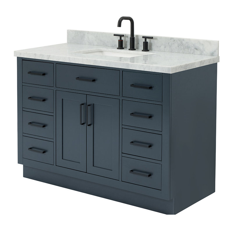 Meuble-lavabo simple en bois massif 48 po avec lavabo en marbre de Carrare 1,5 po Tidworth, Bleu minuit, Forme rectangulaire