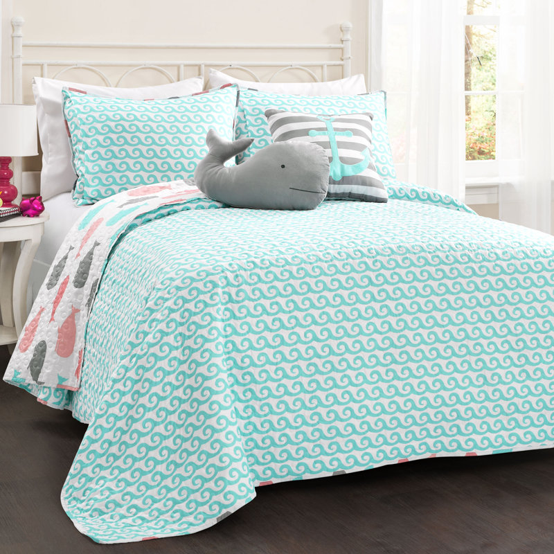 Ensemble de courtepointe réversible Lush Decor Whale, Courtepointe pour lit simple, 1 taie décorative e, Rose / Aqua