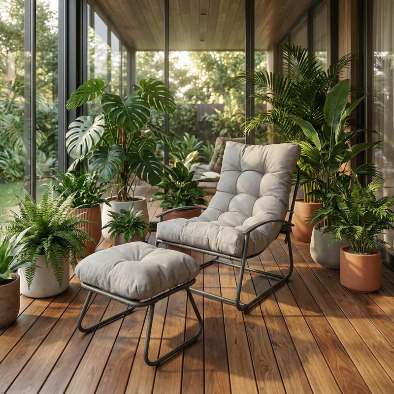  Chaise de patio avec coussin et repose-pieds, chaise longue rembourrée moderne avec repose-pieds, chaise d'appoint de capacité 330 LBS pour salon, chambre à coucher, balcon, gris clair
