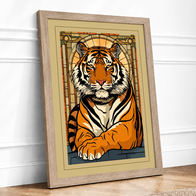 Tiger in Gold Frame Art Deco - Framed Print, Oak, A3 - 42.0 x 29.7 cm
