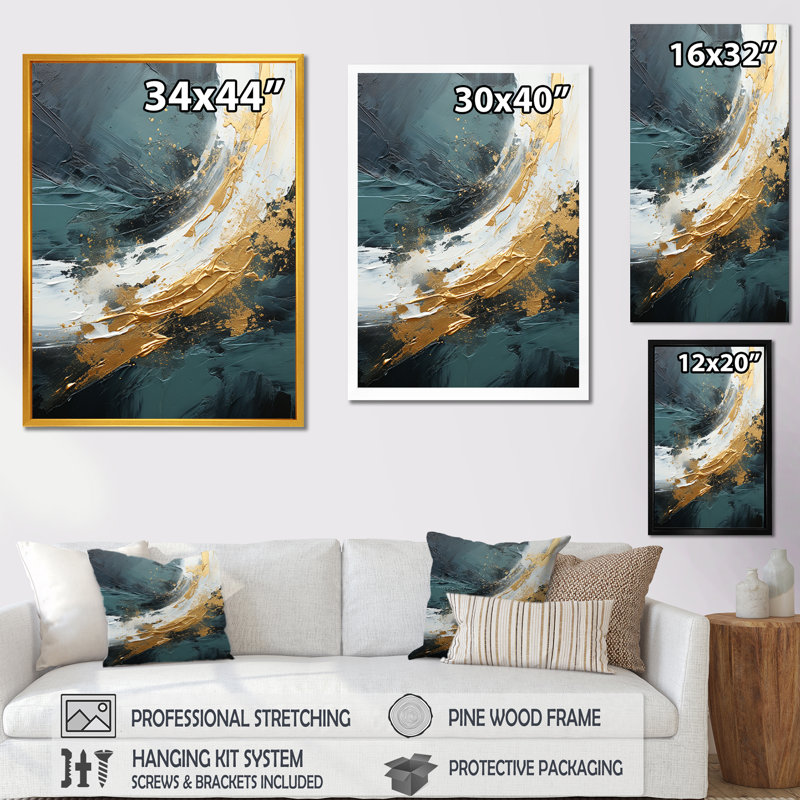 Or et vert abstrait cascade de marbre III - Art mural abstrait, Cadre flottant noir, H 44 po x l 34 po x P 1,5 po