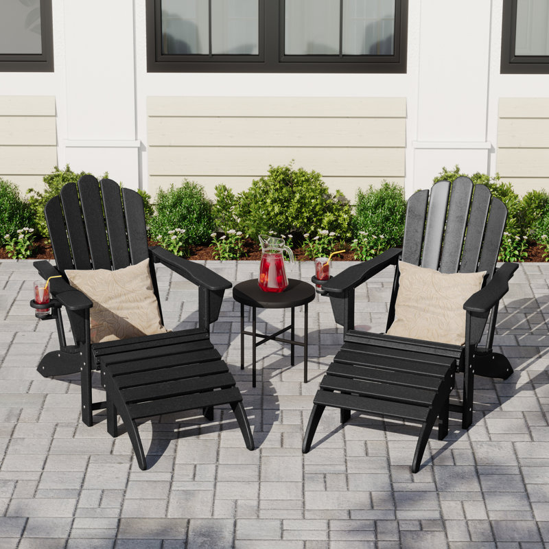 Outdoor Poly Adirondack Chair With Ottoman 4-Piece Set, Black