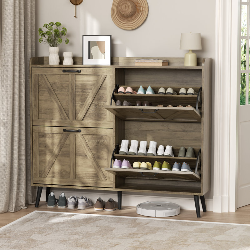 Shoe Cabinet With 4 Flip Drawers, Freestanding Farmhouse Shoe Organizer Cabinet, Rustic Oak