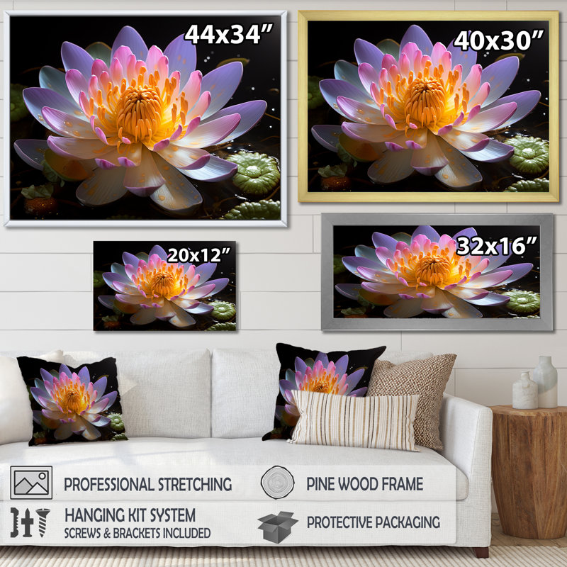 «Vibrant Blossoming Lotus Flower with Yellow Core», art mural sur toile Lotus, Cadre simple noir