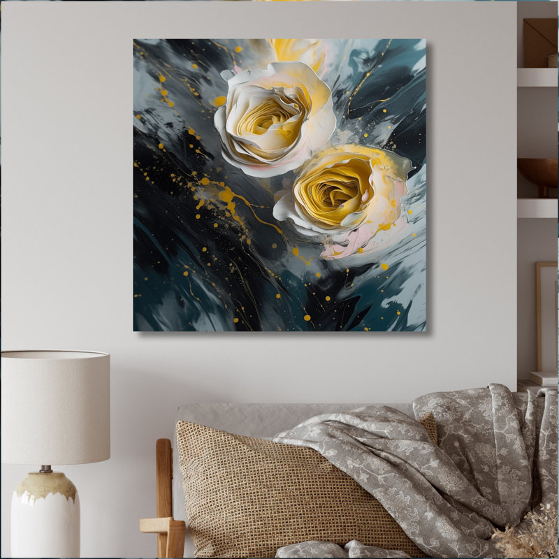 Tapisserie rose jaune III - impression, H 16 po x l 16 po x P 1 po, Toile tendue