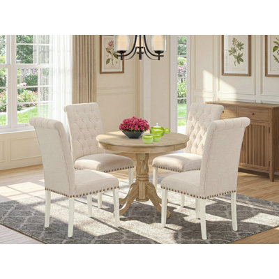 Ensemble de table de salle à manger 5 pièces comprenant une table de cuisine ronde avec piédestal et 4 chaises de salle à manger en lin beige clair, lin blanc